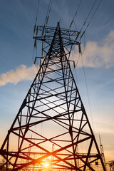 High voltage power tower beautiful scenery at dusk
