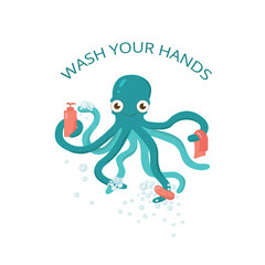 Wash your hands - kids self care protection 2020 pandemy. Octopus with soap illustration for kindergarden, primery school, playground. Vector stock illustration isolated on white background.