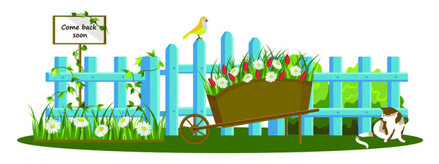 Colorful vector drawing of a blue fence isolated on a white background. a sign that says I'll be back soon. The fence is surrounded by decorations: a flower bed with daisies, a cat, a bird and a cart 