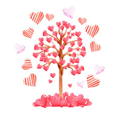 Fototapeta premium Romantic card for Valentine's Day, tree with red and pink hearts. Hand drawn watercolor illustration on white background