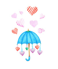 Cute card for Valentine's Day, blue umbrella under the rain of hearts. Hand drawn watercolor painting illustration on white background