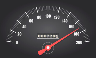 Speedometer on black background. Sport car odometer with motor miles measuring scale
