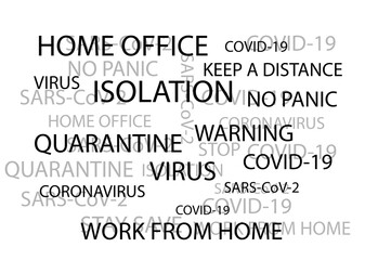 home office tag cloud, isolation and do not panic concept coronovirus infection Covid-19 in black font on a white background