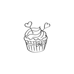 Cupcake for Valentine's Day. Cupcake doodle illustration. Hand-drawn vector element with hearts for greeting cards, banners, invitations. Black outline isolated on a white background