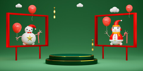 Podium Empty and snowman with frame and geometric shapes in green composition for website or poster or Happiness cards,Christmas banner and festive New Year, realistic 3d illustration or 3d render