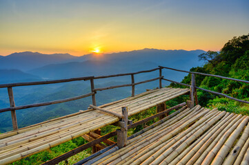 Sunset time with Bamboo terrace in front of Mountain View at Gloselo, Khun Yuam District, Mae Hong Son Province, Thailand
