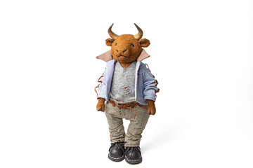full-length portrait of a bull toy. isolated on white background.