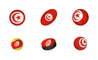 Sports equipment with flag of Tunisia. Sports icon set.