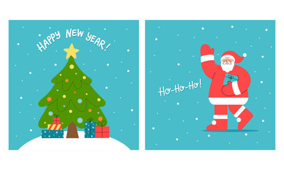 Set of two hand-drawn flat vector greeting cards for New Year with cartoon Christmas tree and Santa Claus holding gift box. Minimalist illustration with lettering for poster, social media, or print.