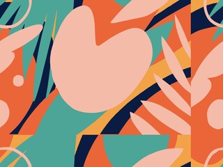 Seamless abstract doodle background pattern in bright summer positive colors. Hand-drawn abstract pattern with randomly arranged spots and dots and lines. Pencil and paint texture.