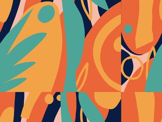 Seamless abstract doodle background pattern in bright summer positive colors. Hand-drawn abstract pattern with randomly arranged spots and dots and lines. Pencil and paint texture.