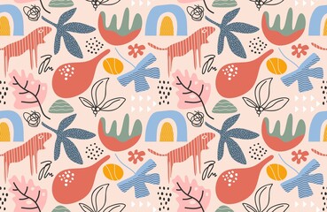 Cute trendy motley seamless pattern with abstract organic shapes nature elements, vector illustration in simple flat style
