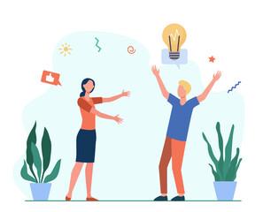 Fototapeta na wymiar Cheerful man sharing new idea with friend. Bulb, like, approval flat vector illustration. Socialization and communication concept for banner, website design or landing web page
