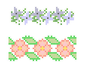 Set of seamless borders. Cross stitch. Floral ornaments in the style of cross-stitch.
