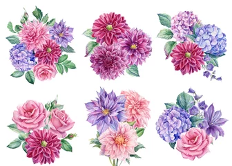 Fotobehang Dahlia Set van bloemstukken, boeketten van bloemen dahlia, roos, clematis, hortensia, aquarel botanische illustratie