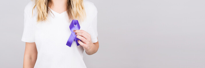 Woman holding purple ribbon on white background, closeup with space for text. Alzheimer's disease,...