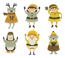 Christmas characters elfs, santa, deer, bear, penguin, snowman. Merry Christmas design set with funny characters and symbols. Cute cartoon forest elements. Vector illustration