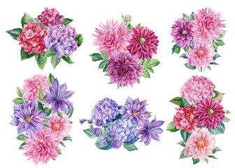 Set of floral arrangements, bouquets of flowers dahlia, rose, clematis, hydrangea, watercolor botanical illustration