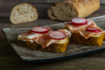 Baguette sandwich with parma ham.