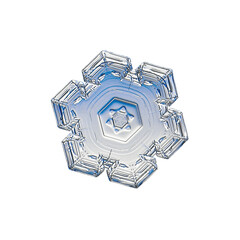 Snowflake isolated on white background. Macro photo of real snow crystal: elegant star plate with...
