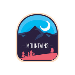 mountains with moon and pine trees landscape label vector design