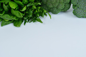 Different types of cabbage and spinach isolated on white background. Fresh Organic Raw Greens and...