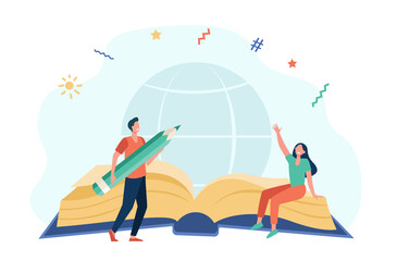 Tiny happy characters in front of giant book. Pencil, globe, worldwide flat vector illustration. Education and study concept for banner, website design or landing web page