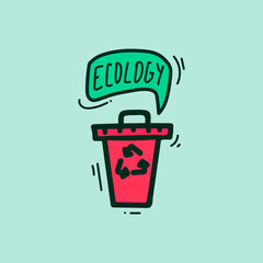 Cute Energy Saving bucket. Natural sources of energy bucket for garbage processing in a character color. Doodle Energy-saving Illustration hand-drawn with the inscription Eco. Renewable energy