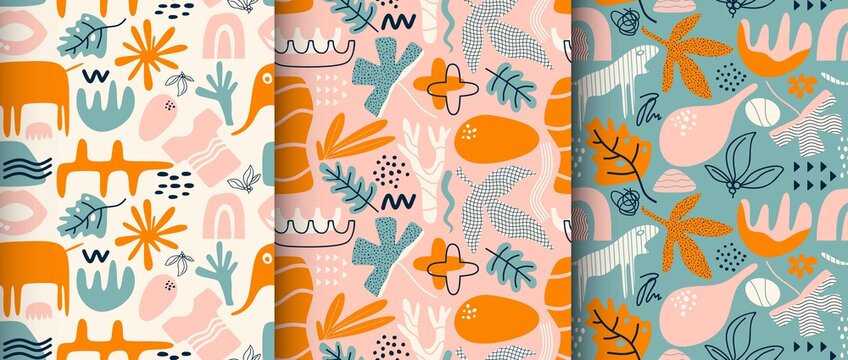 Cute trendy motley seamless pattern with abstract organic shapes nature elements, vector illustration in simple flat style
