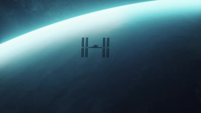 International Space Station ISS orbiting over planet Earth in outer space. Millions of stars and the milky way. 3d render