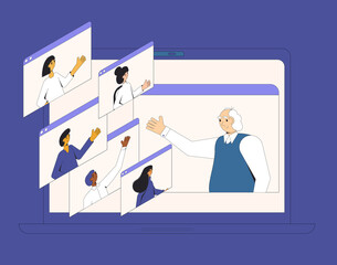 Video call conference. Online meeting. Digital communication. People talking to each other on computer screen. Senior man have conversation with young students. Vector color line art illustration.