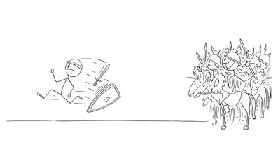Vector cartoon stick figure illustration of knight or soldier running away in fear and panic from group or army of ancient or medieval horse riders, cavalry or marauders.