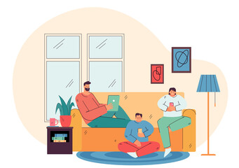 Parents and child holding their cellphones and tablet at home, chatting online on social media. Vector illustration for internet dependence, addicted users, wireless communication concept