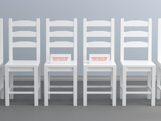 White chairs with blocked seats. Social distancing measures during covid