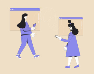 Video call conference. Friends online meeting. Digital communication. Two young woman talking to each others with phone. Vector color line art illustration.