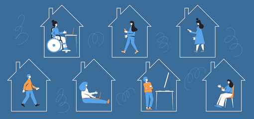 Work from home. Online meeting collegues. Digital communication. Coworkers talking to each others with computers, phones on internet. Remote teamwork during lockdown. Vector line art illustration.