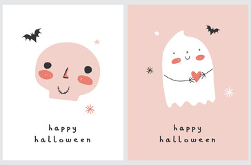 Cute Halloween Cards Set. Funny Hand Drawn Smiling Skull and Little Ghost Isolated on a White and Pastel Pink Background. Infantile Style Halloween Vector Illustration ideal for Card,Wall Art, Poster.