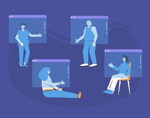 Video call conference. Friends or family online meeting. Digital communication. People talking to each other on computer screen. Vector color line art illustration.