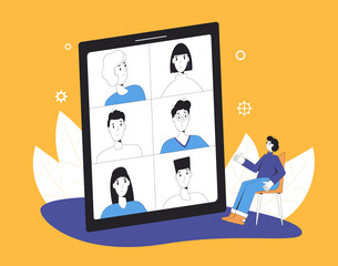Fototapeta na wymiar Video call conference. Online meeting. Digital communication. People talking to each other on tablet screen. Remote teamwork. Vector line art flat illustration.