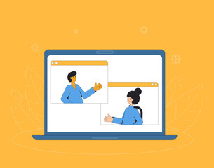 Video call interview. Online meeting. Digital communication. Two characters talking to each other on computer screen. Remote discussion. Vector color line art illustration.