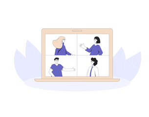 Video call team conference. Online friensa meeting. Digital communication. People talking to each other on laptop screen. Remote teamwork. Vector color line art illustration.