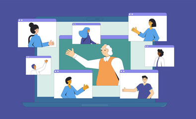 Video call conference. Online meeting. Digital communication. People talking to each other on laptop screen. Computer with video chat. Remote teamwork. Vector illustration.