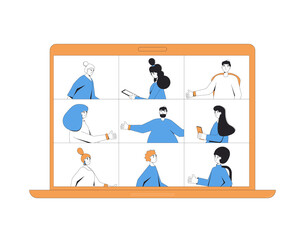 Video call conference. Online meeting. Digital communication. People talking to each other on laptop screen. Remote teamwork. Vector color line art illustration.