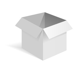 Opened white paper box. White mockup. Side view. 3d isometric illustration isolated on white background.
