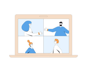 Video call conference. Online meeting. Digital communication. People talking to each other on laptop screen. Remote teamwork. Vector color line art illustration.