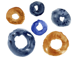 Watercolor blue and brown stains like rings. Hand drawn decorative elements for pattern, wallpaper, wrapper paper and other creative design. Isolated on white.