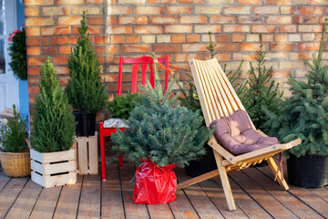 Yard house decorated for Xmas. Xmas decorated house terrace. Porch home in Christmas trees and with...