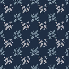 Fototapeta na wymiar Little fall botanic seamless pattern with leaves and acorns shapes. Navy blue background.