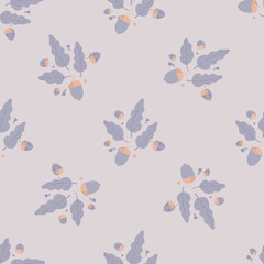 Forest seamless pale pattern with acorns and foliage from oak tree. Light lilac palette artwork.