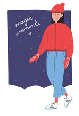 Vector illustration of girl walking outdoor in snowy weather, in a red jacket with hat, mittens and blue jeans. Hand-draw illustration and lettering. Winter holiday concept. For print design.